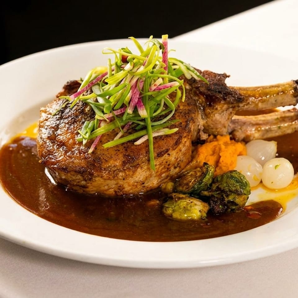 A large bone-in pork chop with gravy, brussels sprouts, pearl onions, and sweet potato mash.