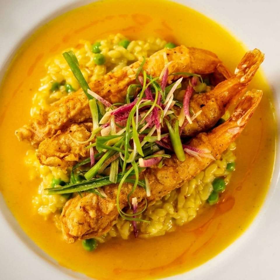 Crispy fried shrimp over yellow risotto with peas, scallions, and red radish in a rich sauce.