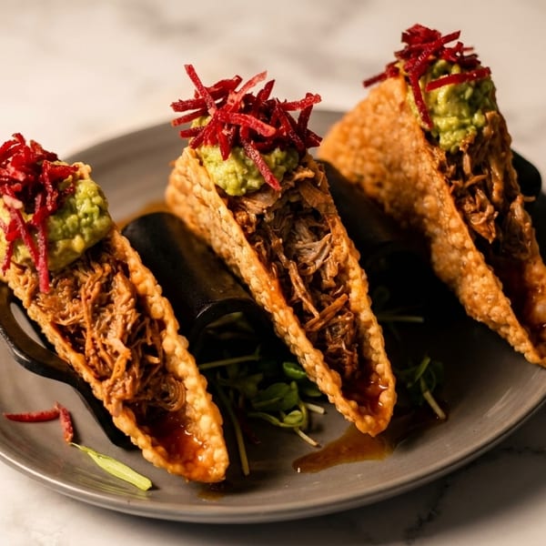 Three crispy tacos filled with shredded meat, guacamole, and red beet slivers on a grey plate.