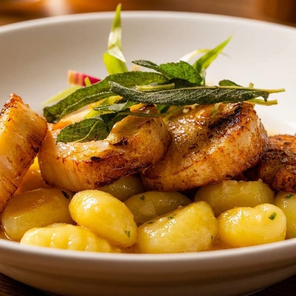 Pan-seared scallops and gnocchi in a white bowl, garnished with fresh sage and herbs.