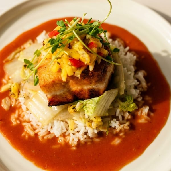 Pan-seared fish with mango salsa, microgreens, rice, and bok choy in a red sauce.