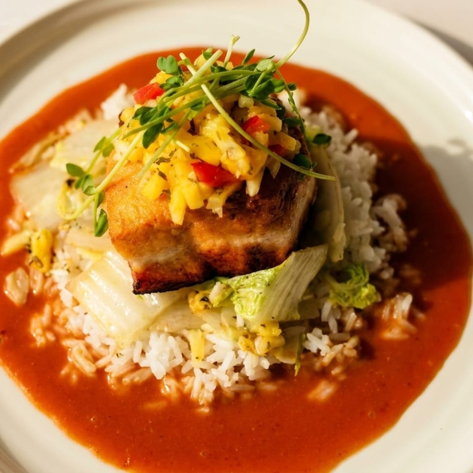 Pan-seared fish with mango salsa, microgreens, rice, and bok choy in a red sauce.