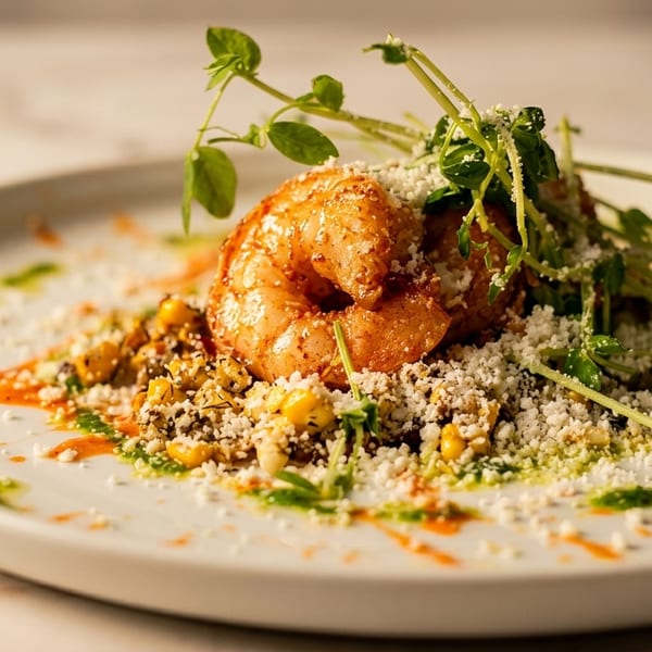 Grilled shrimp on a bed of corn and crumbled cheese, garnished with microgreens and sauces.