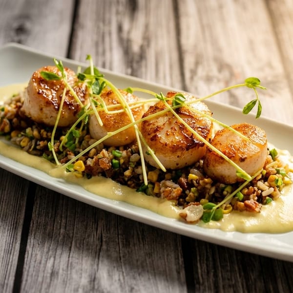 Pan-seared scallops with corn and rice pilaf, drizzled with a creamy sauce and garnished with microgreens.
