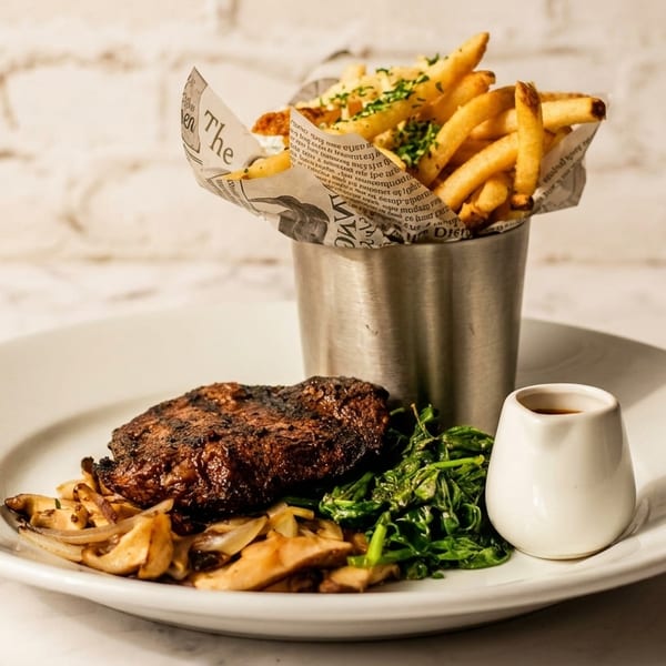Grilled steak, sautéed mushrooms, spinach, and a cup of fries on a white plate.
