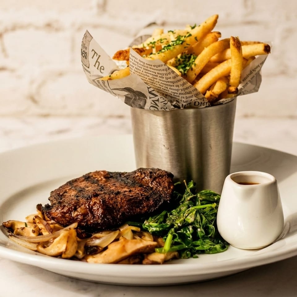 Grilled steak, sautéed mushrooms, spinach, and a cup of fries on a white plate.